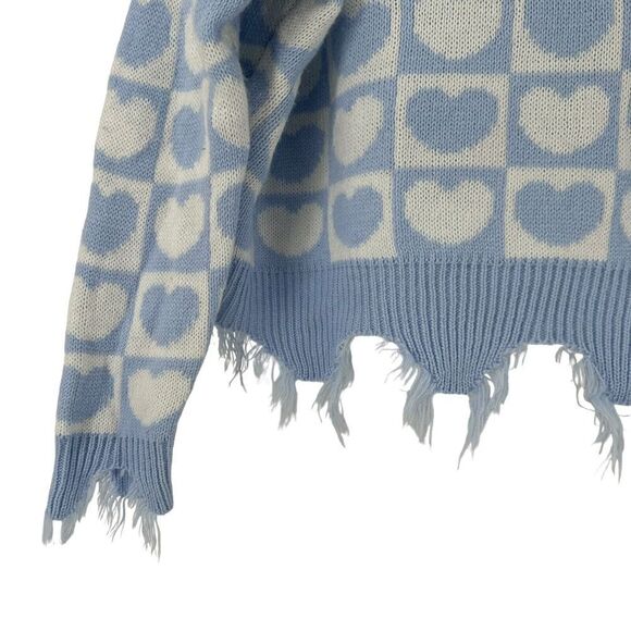 Checkerboard Sweater Blue Heart Oversized Fringe V Neck Crop Size M Just Polly - Picture 3 of 6